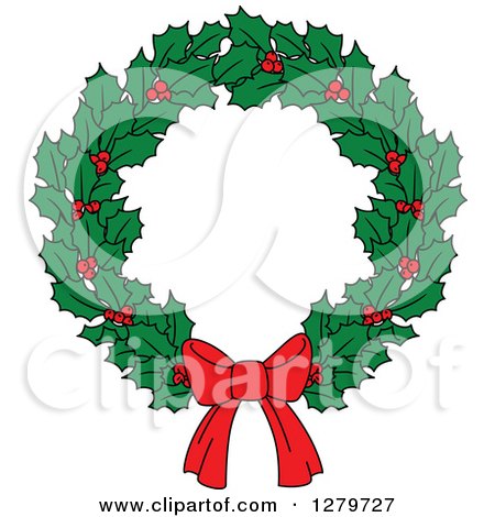 Clipart of a Holly and Berry Christmas Wreath with a Red Bow - Royalty Free Vector Illustration by Vector Tradition SM