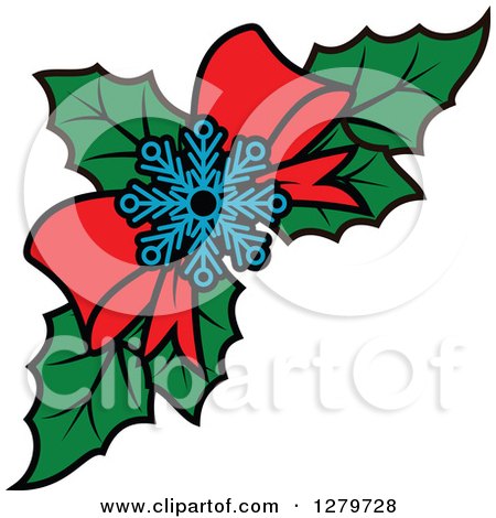 Clipart of a Design Element of a Snowflake and Bow over Christmas Holly - Royalty Free Vector Illustration by Vector Tradition SM