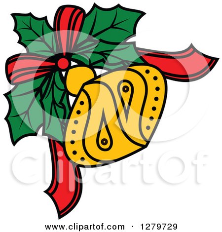 Clipart of a Design Element of a Yellow Bauble and Bow over Christmas Holly - Royalty Free Vector Illustration by Vector Tradition SM
