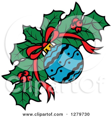 Clipart of a Design Element of a Blue Bauble and Bow over Christmas Holly - Royalty Free Vector Illustration by Vector Tradition SM