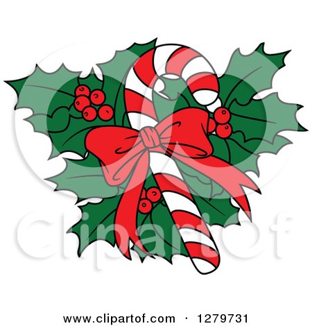 Clipart of a Christmas Candy Cane with a Bow over Holly - Royalty Free Vector Illustration by Vector Tradition SM