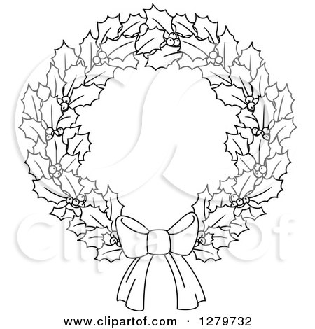 Clipart of a Black and White Holly and Berry Christmas Wreath with a Bow - Royalty Free Vector Illustration by Vector Tradition SM