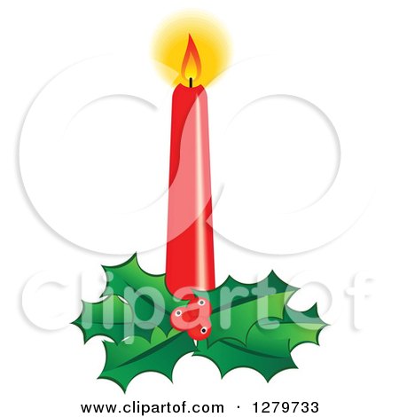 Clipart of a Lit Red Christmas Candle with a Bed of Holly - Royalty Free Vector Illustration by Vector Tradition SM