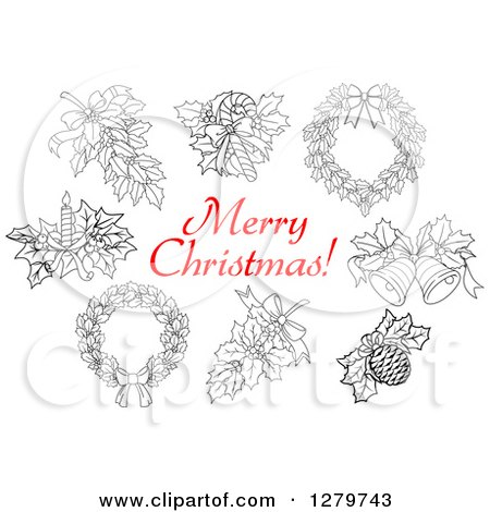 Clipart of a Red Merry Christmas Greeting with Black and White Decor Items - Royalty Free Vector Illustration by Vector Tradition SM