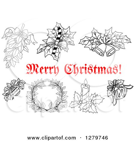 Clipart of a Red Merry Christmas Greeting with Black and White Decor Items 2 - Royalty Free Vector Illustration by Vector Tradition SM