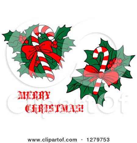 Clipart of Merry Christmas Greeting with Candy Canes over Holly - Royalty Free Vector Illustration by Vector Tradition SM
