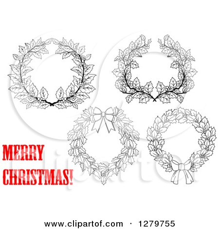 Clipart of Black and White Holly and Berry Christmas Wreaths with Red Text - Royalty Free Vector Illustration by Vector Tradition SM