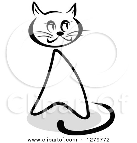 Clipart of a Black and White Sketched Sitting Cat and a Gray Shadow 2 - Royalty Free Vector Illustration by Vector Tradition SM