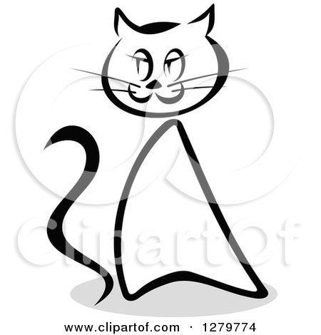 Clipart of a Black and White Sketched Sitting Cat and a Gray Shadow 3 - Royalty Free Vector Illustration by Vector Tradition SM