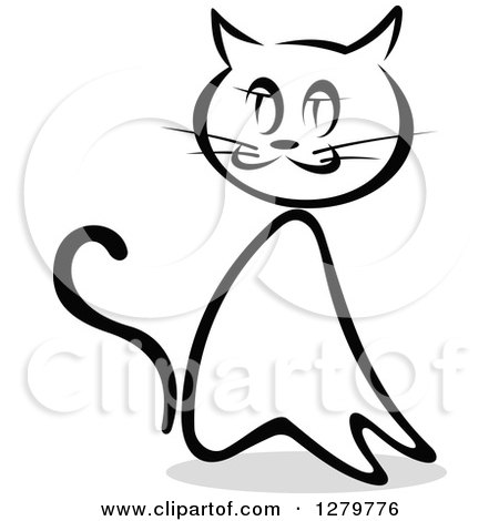 Clipart of a Black and White Sketched Sitting Cat and a Gray Shadow - Royalty Free Vector Illustration by Vector Tradition SM