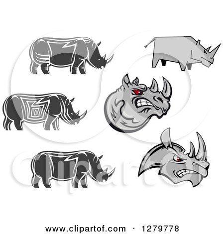 Clipart of Gray Sketched and Tribal Rhinos - Royalty Free Vector Illustration by Vector Tradition SM