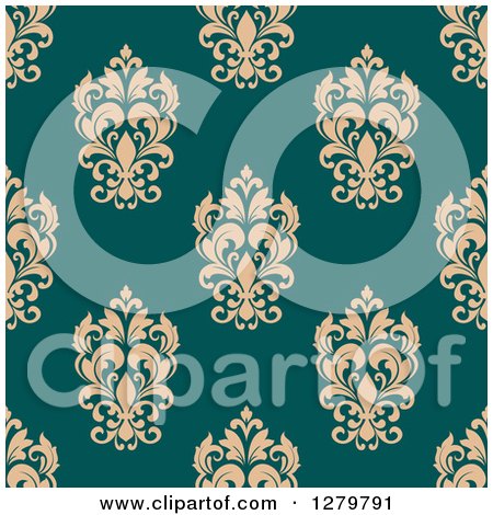 Clipart of a Seamless Background Design Pattern of Tan Damask on Turquoise - Royalty Free Vector Illustration by Vector Tradition SM
