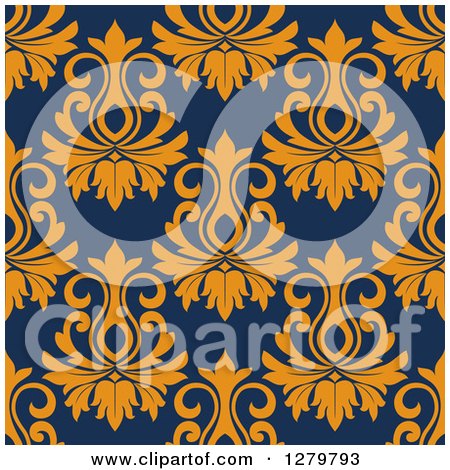 Clipart of a Seamless Background Design Pattern of Orange Damask on Navy Blue - Royalty Free Vector Illustration by Vector Tradition SM