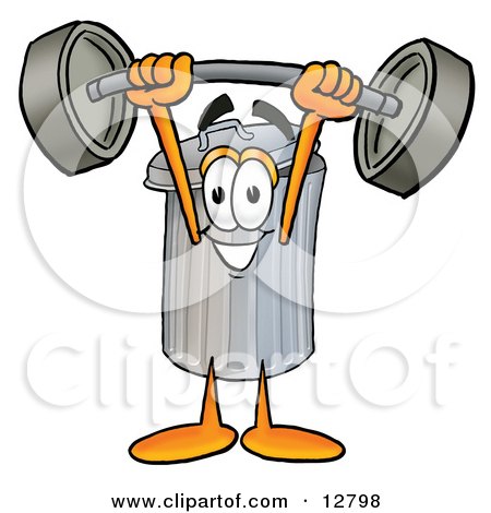 Clipart Picture of a Garbage Can Mascot Cartoon Character Holding a Heavy Barbell Above His Head by Mascot Junction