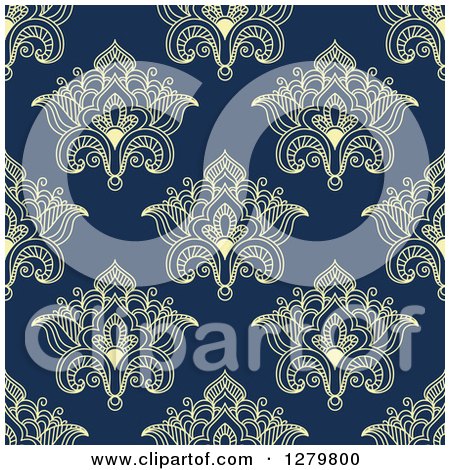 Clipart of a Seamless Pattern Background of Yellow Lotus Henna Flowers on Navy Blue - Royalty Free Vector Illustration by Vector Tradition SM