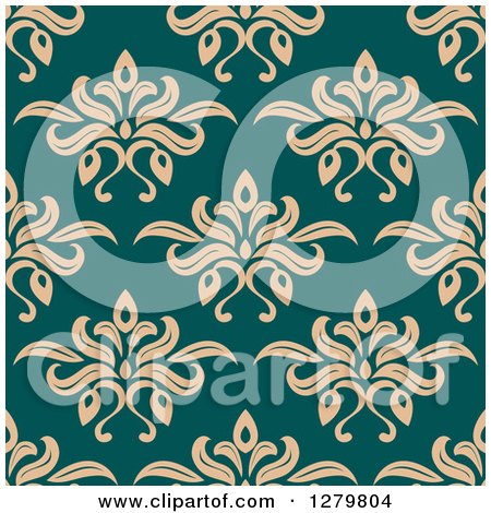 Clipart of a Seamless Background Design Pattern of Tan Floral on Teal - Royalty Free Vector Illustration by Vector Tradition SM