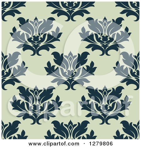 Clipart of a Seamless Background Design Pattern of Navy Blue Floral on Green - Royalty Free Vector Illustration by Vector Tradition SM