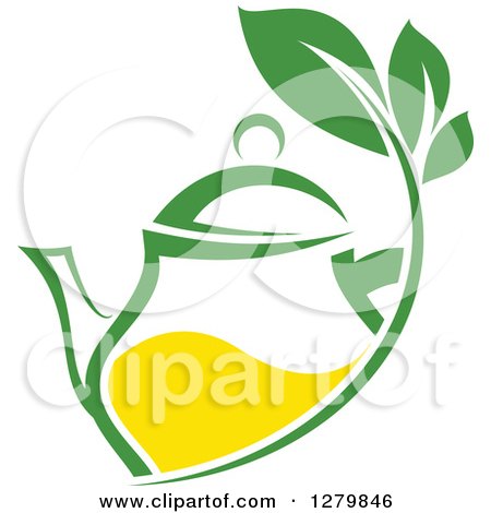 Clipart of a Green and Yellow Tea Pot with Leaves - Royalty Free Vector Illustration by Vector Tradition SM