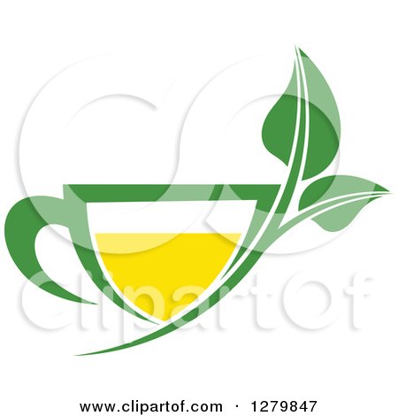Clipart of a Green and Yellow Tea Cup with Leaves 2 - Royalty Free Vector Illustration by Vector Tradition SM