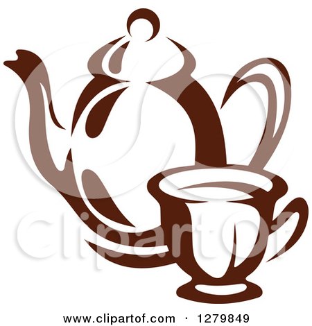 Clipart of a Dark Brown and White Coffee Cup and Pot 2 - Royalty Free Vector Illustration by Vector Tradition SM