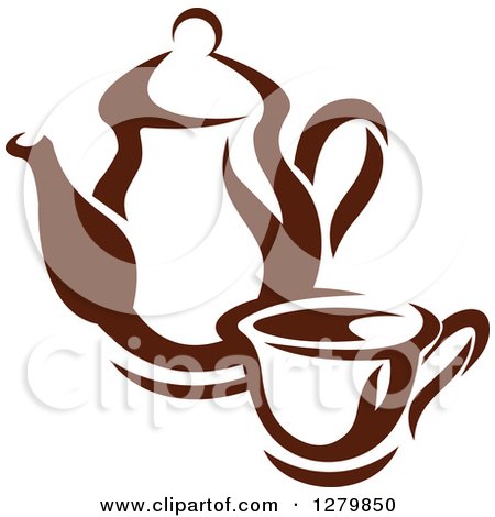 Clipart of a Dark Brown and White Coffee Cup and Pot 2 - Royalty Free Vector Illustration by Vector Tradition SM