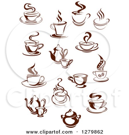 Clipart of Dark Brown and White Steamy Coffee Cups and Pots - Royalty Free Vector Illustration by Vector Tradition SM