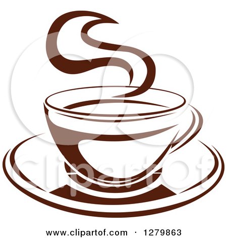 Clipart of a Dark Brown and White Steamy Coffee Cup on a Saucer 8 - Royalty Free Vector Illustration by Vector Tradition SM