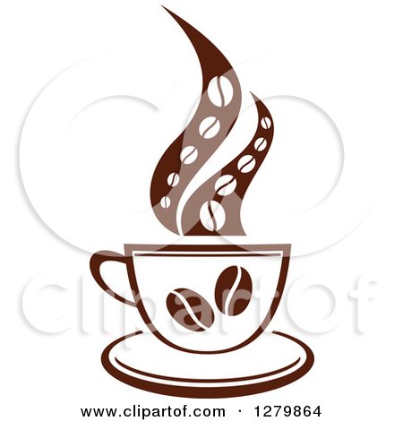 Clipart of a Dark Brown and White Steamy Coffee Cup with Beans and a Saucer - Royalty Free Vector Illustration by Vector Tradition SM