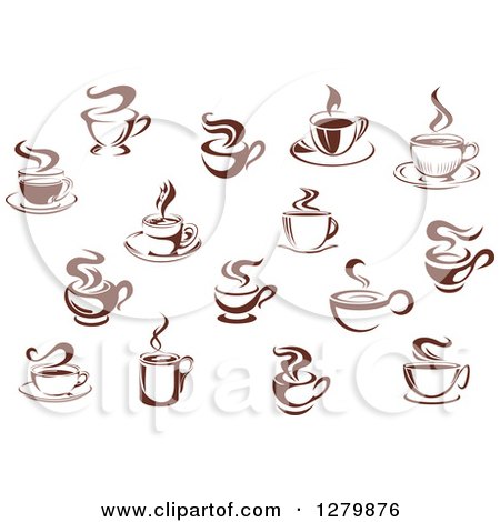 Clipart of Dark Brown and White Steamy Coffee Cups, Some with Saucers - Royalty Free Vector Illustration by Vector Tradition SM