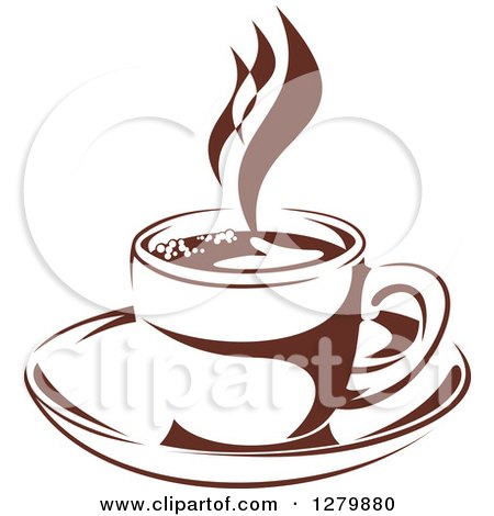 Clipart of a Dark Brown and White Steamy Coffee Cup on a Saucer 4 - Royalty Free Vector Illustration by Vector Tradition SM