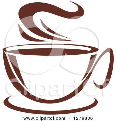 Clipart of a Dark Brown and White Steamy Coffee Cup on a Saucer 7 - Royalty Free Vector Illustration by Vector Tradition SM