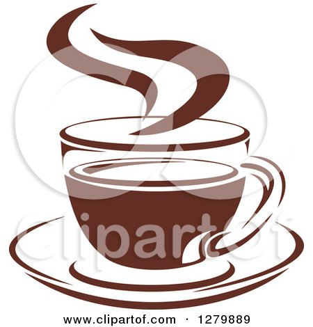 Clipart of a Dark Brown and White Steamy Coffee Cup on a Saucer 2 - Royalty Free Vector Illustration by Vector Tradition SM