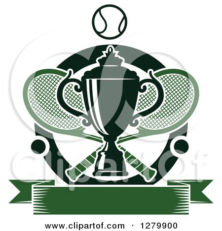 Clipart of a Trophy over Tennis Rackets and Balls with a Green Text Banner - Royalty Free Vector Illustration by Vector Tradition SM