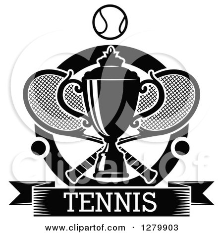 Clipart of a Black and White Trophy over Tennis Rackets and Balls with a Text Banner - Royalty Free Vector Illustration by Vector Tradition SM