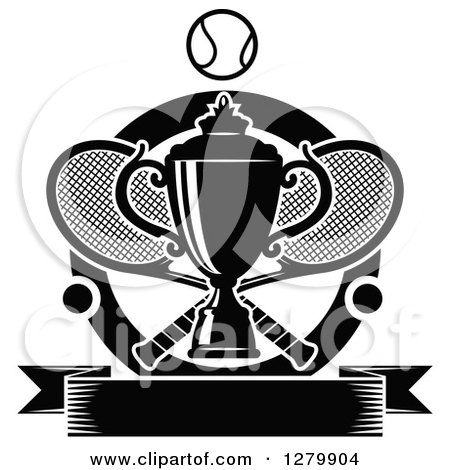 Clipart of a Black and White Trophy over Tennis Rackets and Balls with a Blank Ribbon Banner - Royalty Free Vector Illustration by Vector Tradition SM
