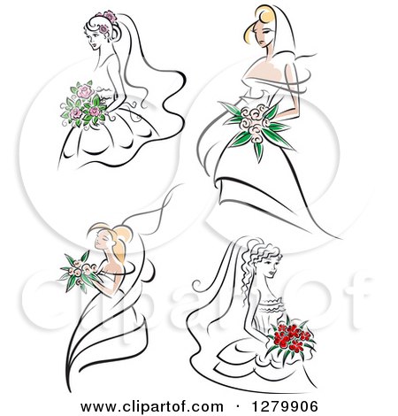 Clipart of Sketched Brides with Pink and Red Flowers - Royalty Free Vector Illustration by Vector Tradition SM