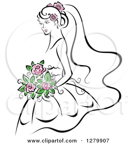 Clipart of a Sketched Bride with Pink Flowers in Her Hair and Bouquet - Royalty Free Vector Illustration by Vector Tradition SM