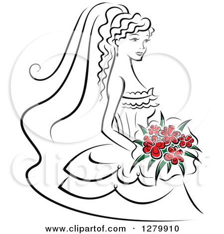 Clipart of a Sketched Black and White Bride with Red Flowers in Her Bouquet - Royalty Free Vector Illustration by Vector Tradition SM