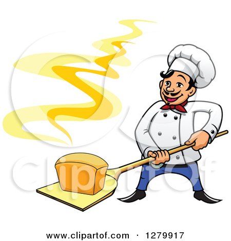 Clipart of a Happy Cartoon Male Chef Holding a Fresh Hot Bread Loaf on a Peel - Royalty Free Vector Illustration by Vector Tradition SM