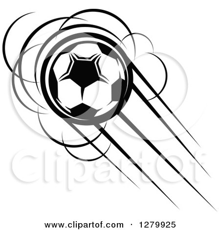 Clipart of a Black and White Flying Soccer Ball 15 - Royalty Free Vector Illustration by Vector Tradition SM