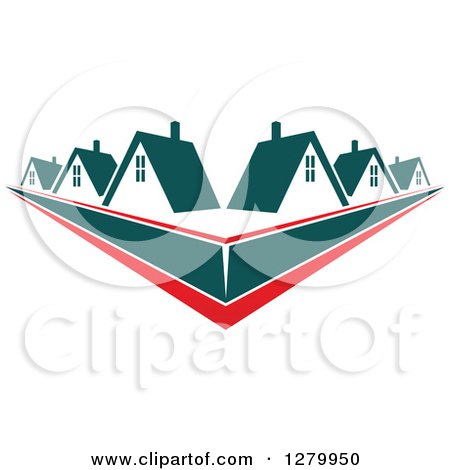 Clipart of Houses with Teal Roofs and Red Swooshes - Royalty Free Vector Illustration by Vector Tradition SM