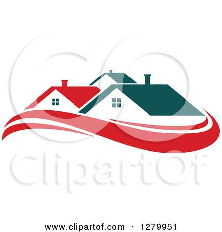 Clipart of Houses with Teal Roofs and Red Swooshes 2 - Royalty Free Vector Illustration by Vector Tradition SM