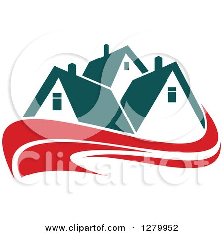 Clipart of Houses with Teal Roofs and Red Swooshes 3 - Royalty Free Vector Illustration by Vector Tradition SM