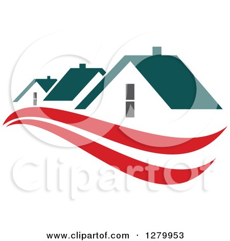 Clipart of Houses with Teal Roofs and Red Swooshes 4 - Royalty Free Vector Illustration by Vector Tradition SM