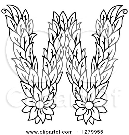 Clipart of a Black and White Floral Capital Letter W with a Flower - Royalty Free Vector Illustration by Vector Tradition SM