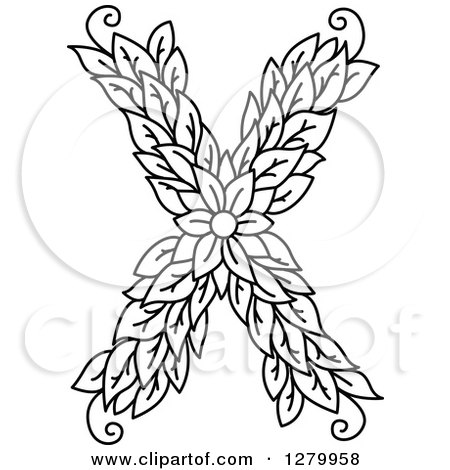 Clipart of a Black and White Floral Capital Letter X with a Flower - Royalty Free Vector Illustration by Vector Tradition SM