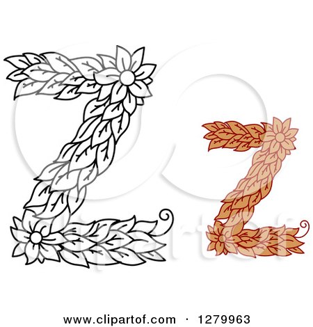 Clipart of Black and White and Colored Floral Capital Letter Z Designs - Royalty Free Vector Illustration by Vector Tradition SM