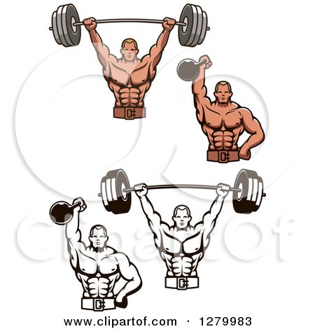 Clipart of Black and White and Caucasian Bodybuilders Working out with Kettlebells and Barbells - Royalty Free Vector Illustration by Vector Tradition SM