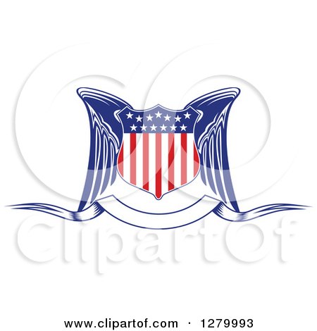 Clipart of a Winged American Flag Shield over a Blank Ribbon Banner - Royalty Free Vector Illustration by Vector Tradition SM