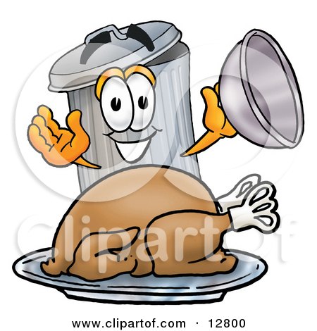 Clipart Picture of a Garbage Can Mascot Cartoon Character Serving a Thanksgiving Turkey on a Platter by Mascot Junction